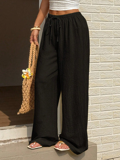 Sunnyshic Women's Casual Resort Travel Tie-Up Straight Leg Pants, Yellow, Versatile, Slim Fit, Plain-Woven, Spring/Summer Fall Cloth For Women