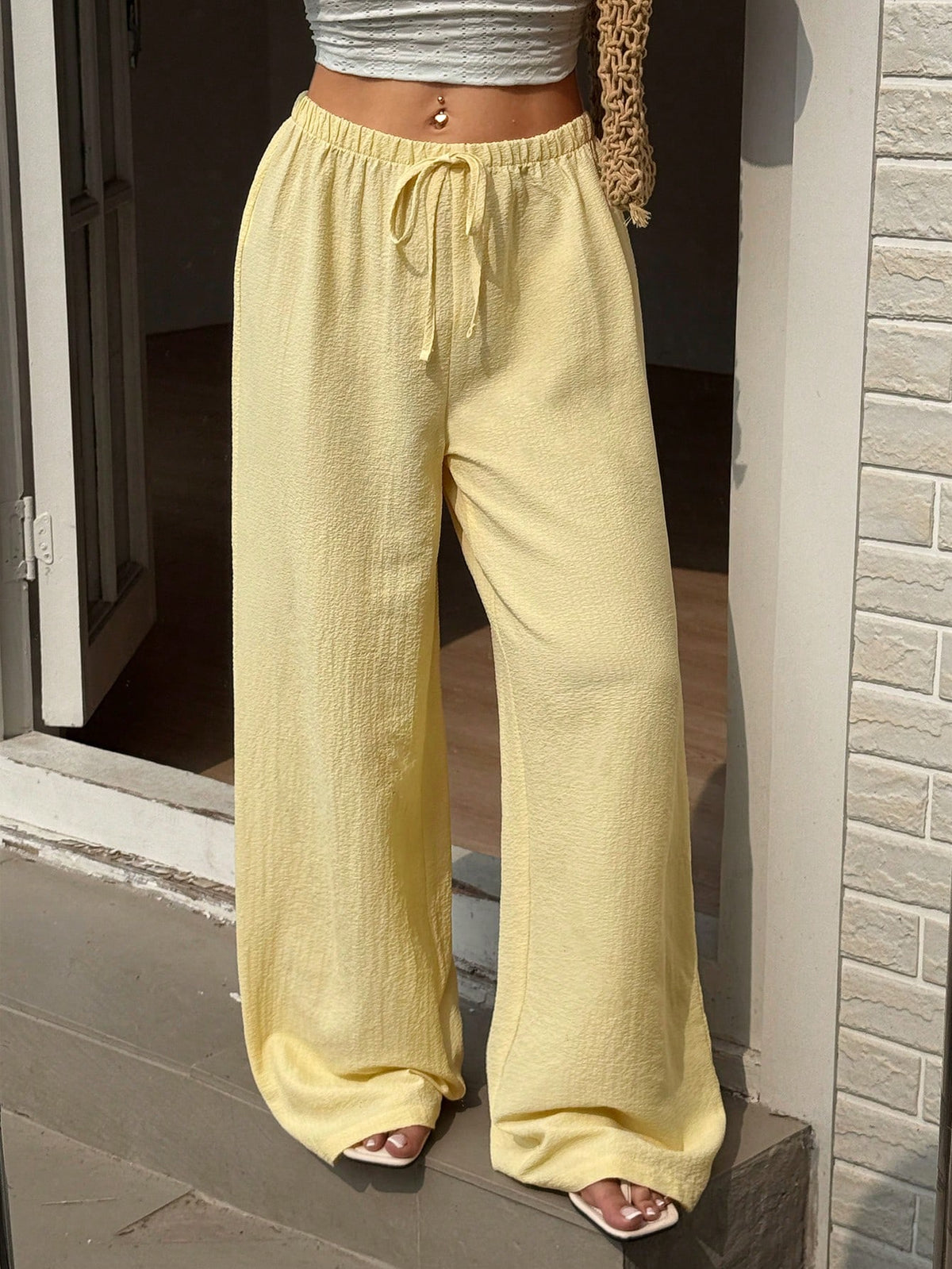 Sunnyshic Women's Casual Resort Travel Tie-Up Straight Leg Pants, Yellow, Versatile, Slim Fit, Plain-Woven, Spring/Summer Fall Cloth For Women