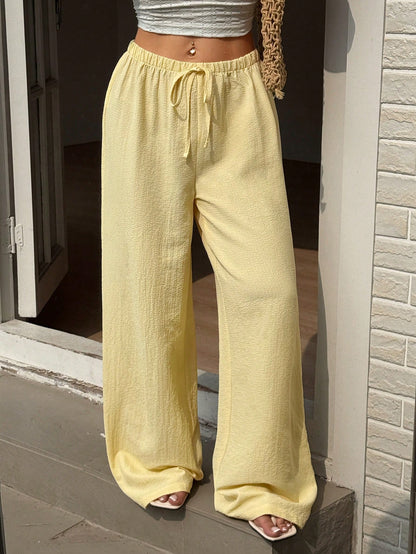 Sunnyshic Women's Casual Resort Travel Tie-Up Straight Leg Pants, Yellow, Versatile, Slim Fit, Plain-Woven, Spring/Summer Fall Cloth For Women