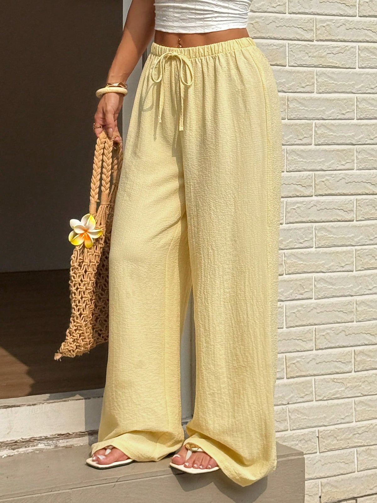Sunnyshic Women's Casual Resort Travel Tie-Up Straight Leg Pants, Yellow, Versatile, Slim Fit, Plain-Woven, Spring/Summer Fall Cloth For Women