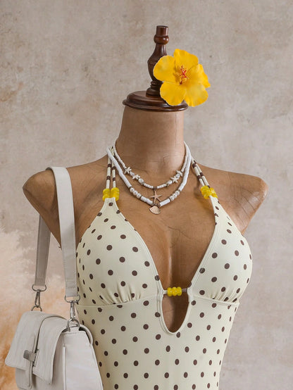 Sunnyshic Women's New Fashion Sexy One-Piece Swimsuit Set With Beaded Design And Pleated Skirt, Cruise Vacation Music Festival Summer