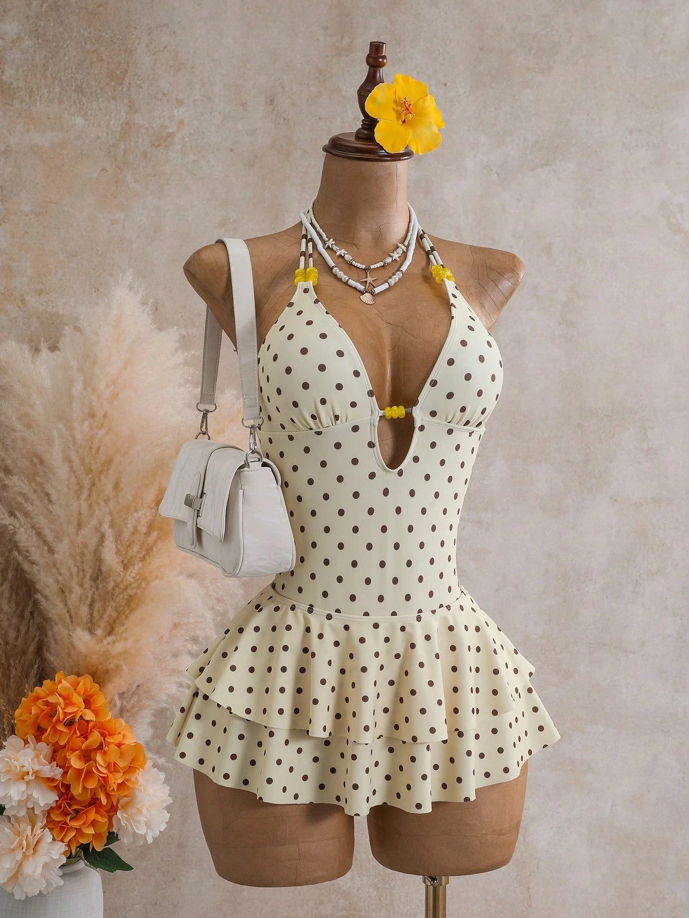 Sunnyshic Women's New Fashion Sexy One-Piece Swimsuit Set With Beaded Design And Pleated Skirt, Cruise Vacation Music Festival Summer