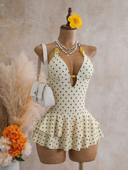 Sunnyshic Women's New Fashion Sexy One-Piece Swimsuit Set With Beaded Design And Pleated Skirt, Cruise Vacation Music Festival Summer