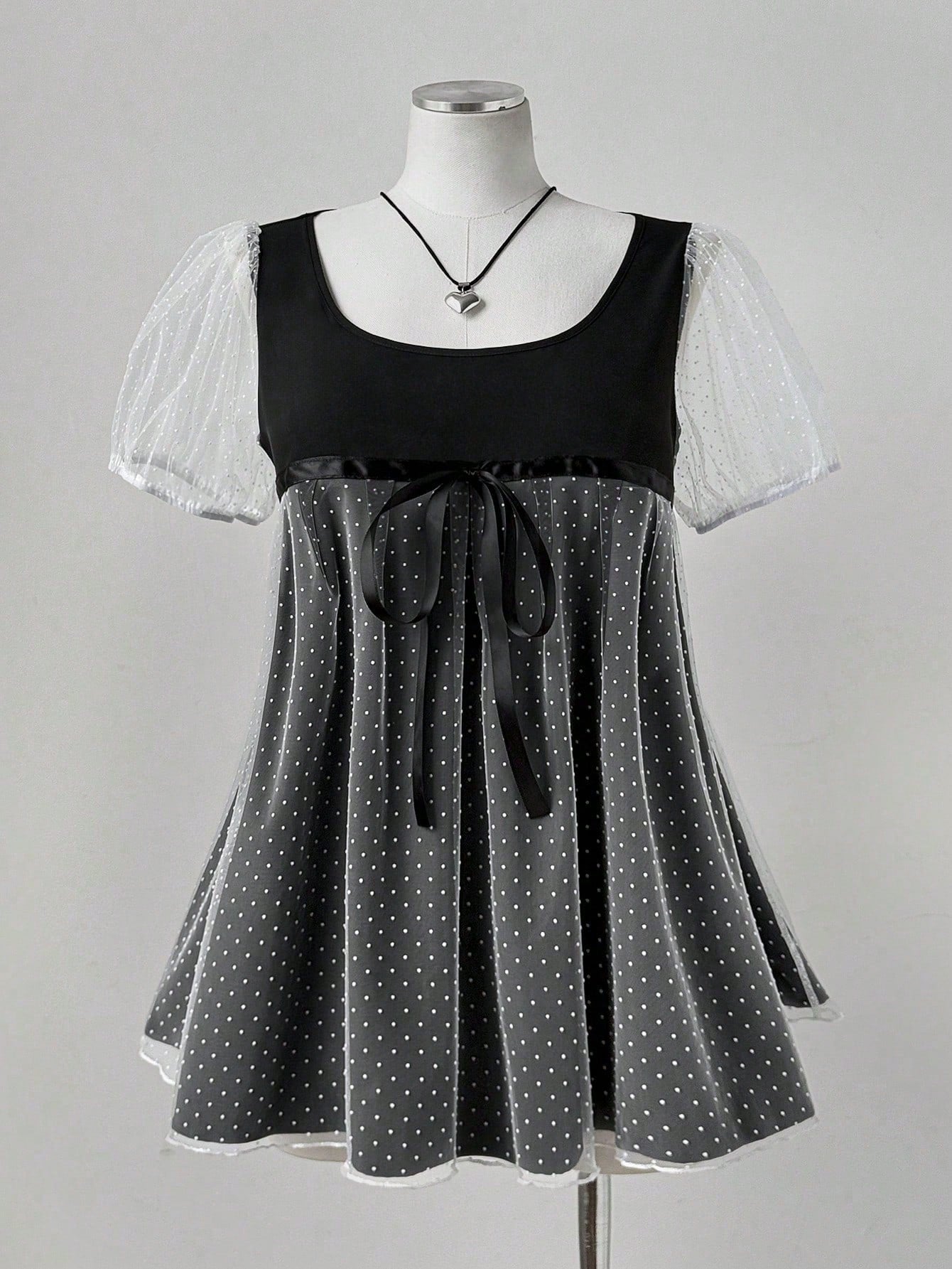 Sunspun Plus Size Summer Short Sleeve Mesh Jacquard Bow Patchwork French Casual Shirt