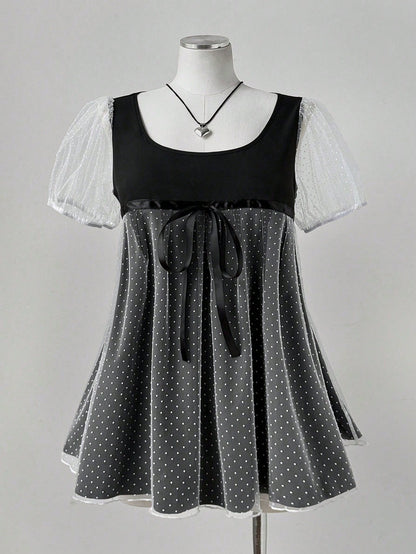 Sunspun Plus Size Summer Short Sleeve Mesh Jacquard Bow Patchwork French Casual Shirt