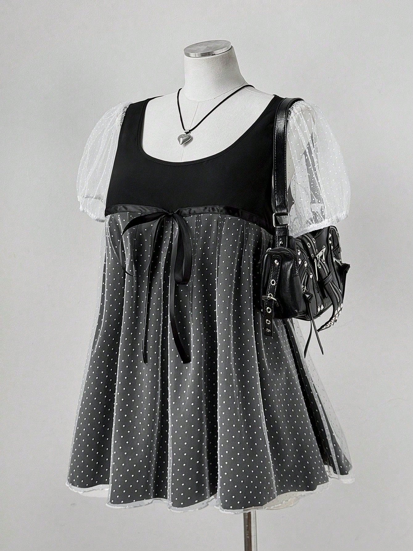 Sunspun Plus Size Summer Short Sleeve Mesh Jacquard Bow Patchwork French Casual Shirt