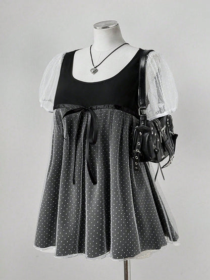 Sunspun Plus Size Summer Short Sleeve Mesh Jacquard Bow Patchwork French Casual Shirt