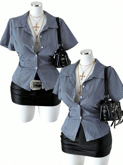 Sunspun Plus Size Women Summer Striped Print Short Sleeve Fitted Blouse,Casual Business Casual 90s Office Graduation Commute Navy Blue,Back-To-School