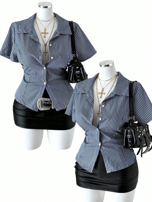 Sunspun Plus Size Women Summer Striped Print Short Sleeve Fitted Blouse,Casual Business Casual 90s Office Graduation Commute Navy Blue,Back-To-School