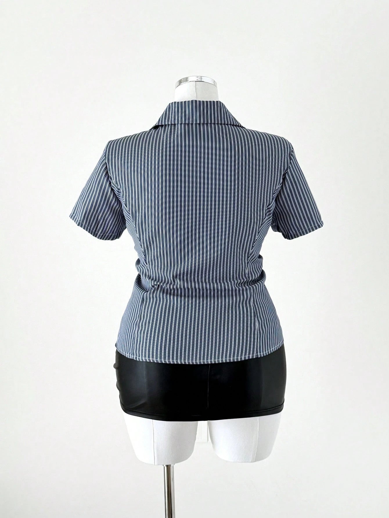 Sunspun Plus Size Women Summer Striped Print Short Sleeve Fitted Blouse,Casual Business Casual 90s Office Graduation Commute Navy Blue,Back-To-School