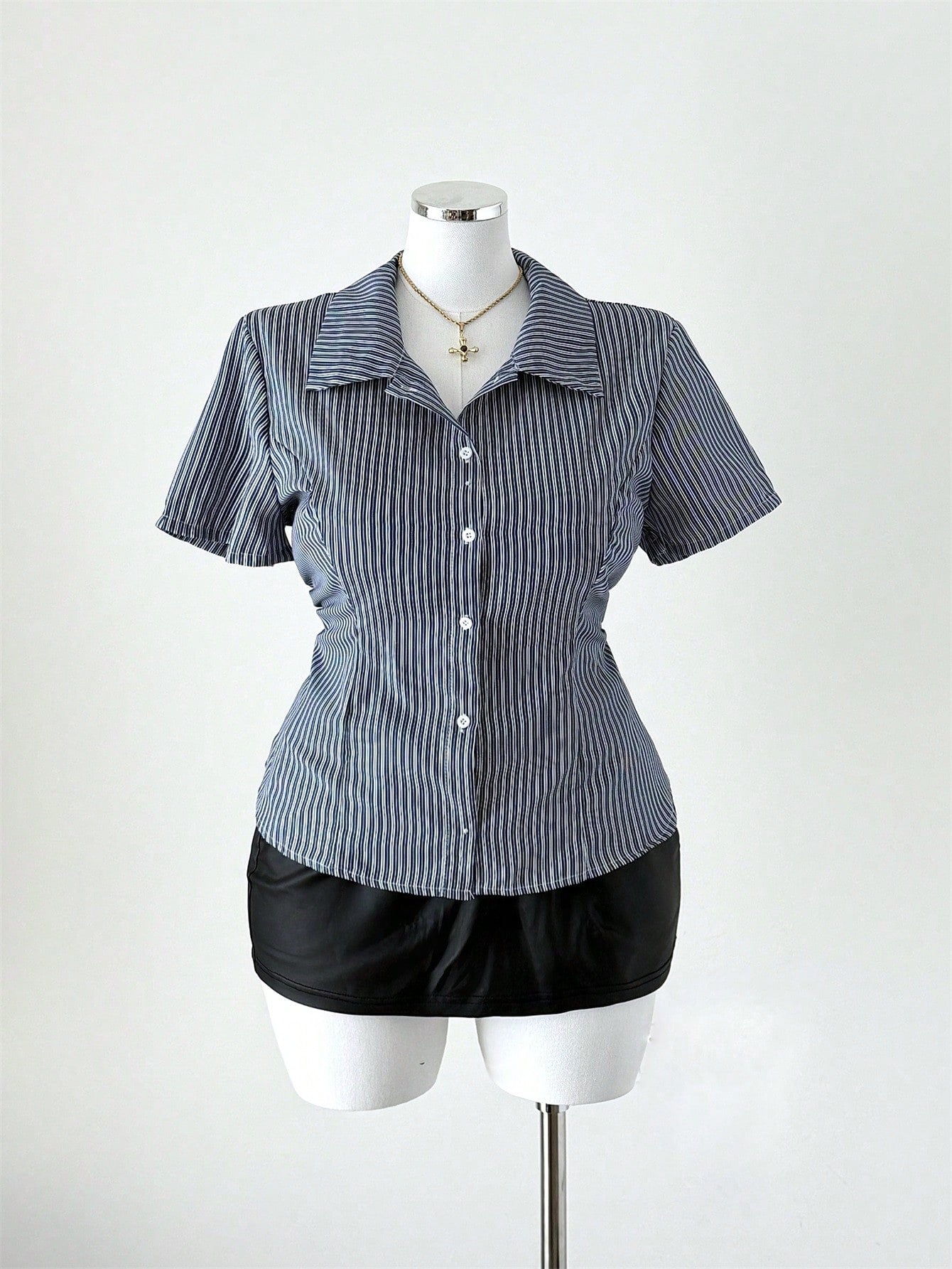 Sunspun Plus Size Women Summer Striped Print Short Sleeve Fitted Blouse,Casual Business Casual 90s Office Graduation Commute Navy Blue,Back-To-School