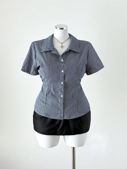 Sunspun Plus Size Women Summer Striped Print Short Sleeve Fitted Blouse,Casual Business Casual 90s Office Graduation Commute Navy Blue,Back-To-School