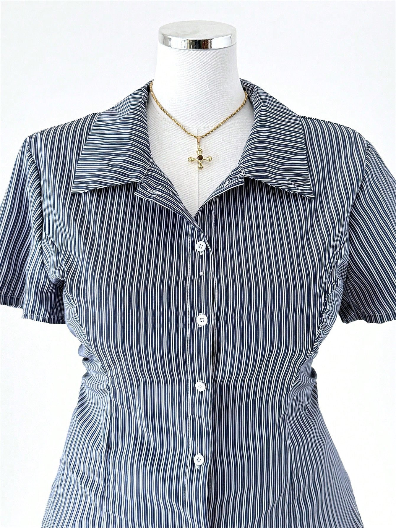 Sunspun Plus Size Women Summer Striped Print Short Sleeve Fitted Blouse,Casual Business Casual 90s Office Graduation Commute Navy Blue,Back-To-School