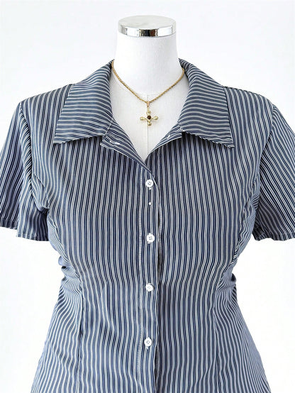 Sunspun Plus Size Women Summer Striped Print Short Sleeve Fitted Blouse,Casual Business Casual 90s Office Graduation Commute Navy Blue,Back-To-School