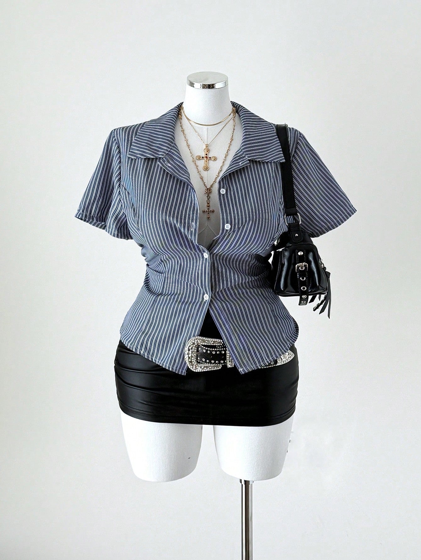 Sunspun Plus Size Women Summer Striped Print Short Sleeve Fitted Blouse,Casual Business Casual 90s Office Graduation Commute Navy Blue,Back-To-School