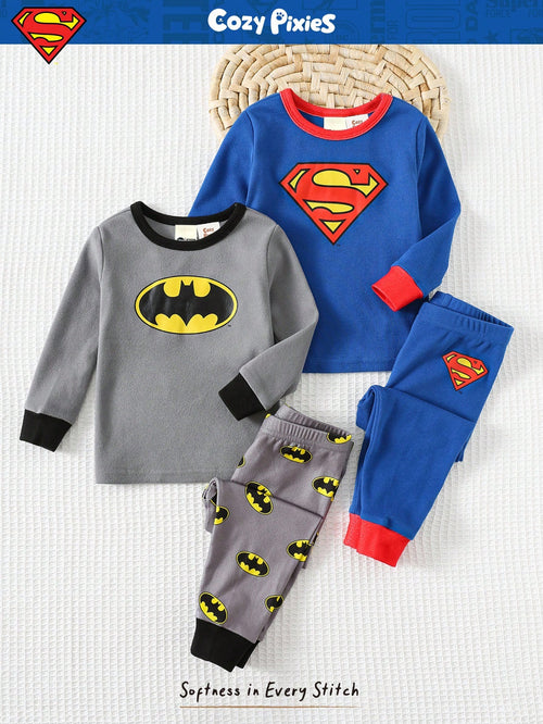 SUPERMAN X Cozy Pixies 4pcs Baby Boy Cute Cartoon Print Soft Knit Crew Neck Long Sleeve Top And Pants Snug Fit Pajama Set,Blue Summer Carrer Day Autumn Winter Nightwear