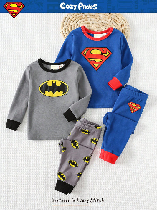 SUPERMAN X Cozy Pixies 4pcs Baby Boy Cute Cartoon Print Soft Knit Crew Neck Long Sleeve Top And Pants Snug Fit Pajama Set,Blue Summer Carrer Day Autumn Winter Nightwear