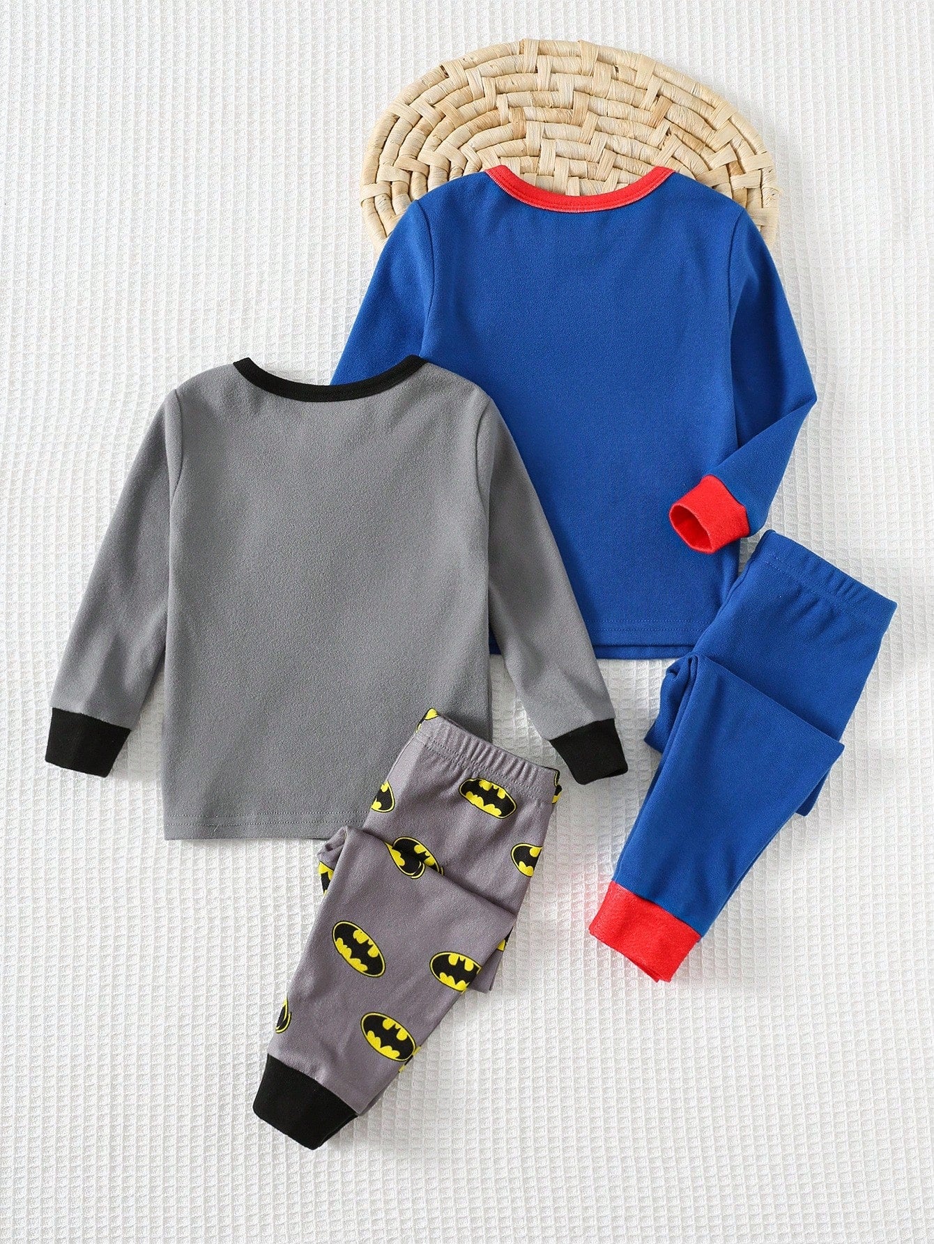 SUPERMAN X Cozy Pixies 4pcs Baby Boy Cute Cartoon Print Soft Knit Crew Neck Long Sleeve Top And Pants Snug Fit Pajama Set,Blue Summer Carrer Day Autumn Winter Nightwear
