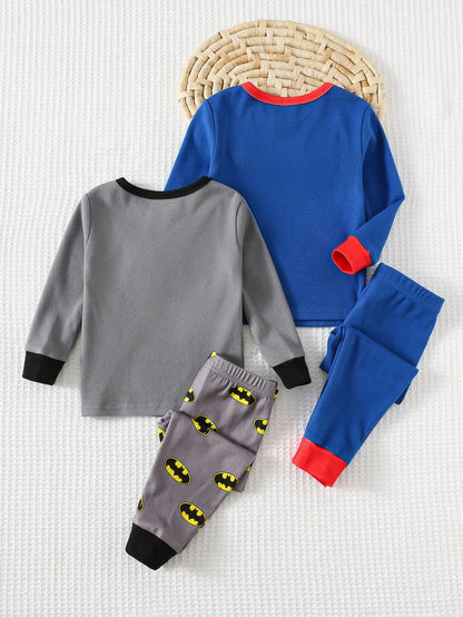 SUPERMAN X Cozy Pixies 4pcs Baby Boy Cute Cartoon Print Soft Knit Crew Neck Long Sleeve Top And Pants Snug Fit Pajama Set,Blue Summer Carrer Day Autumn Winter Nightwear