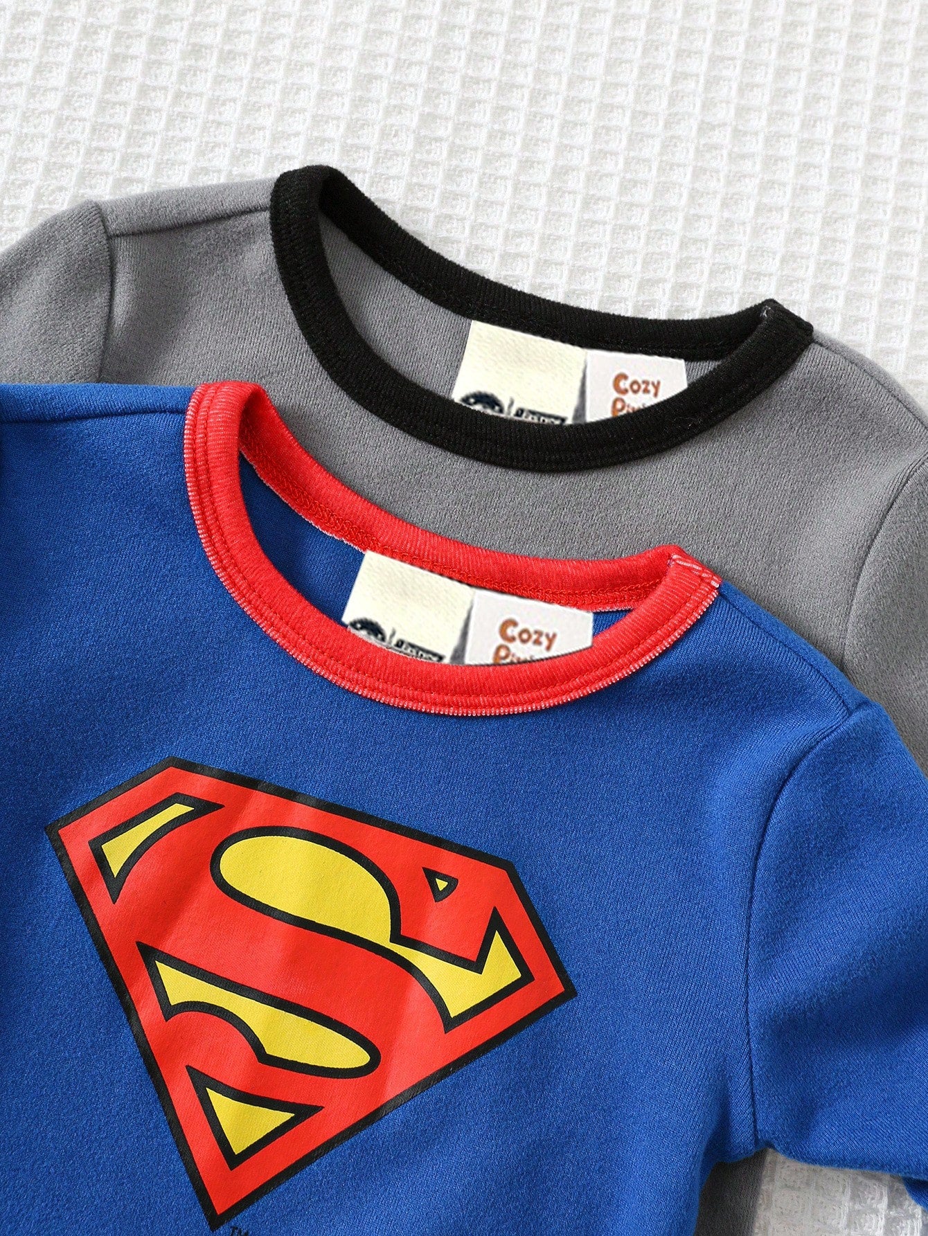 SUPERMAN X Cozy Pixies 4pcs Baby Boy Cute Cartoon Print Soft Knit Crew Neck Long Sleeve Top And Pants Snug Fit Pajama Set,Blue Summer Carrer Day Autumn Winter Nightwear