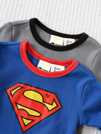 SUPERMAN X Cozy Pixies 4pcs Baby Boy Cute Cartoon Print Soft Knit Crew Neck Long Sleeve Top And Pants Snug Fit Pajama Set,Blue Summer Carrer Day Autumn Winter Nightwear