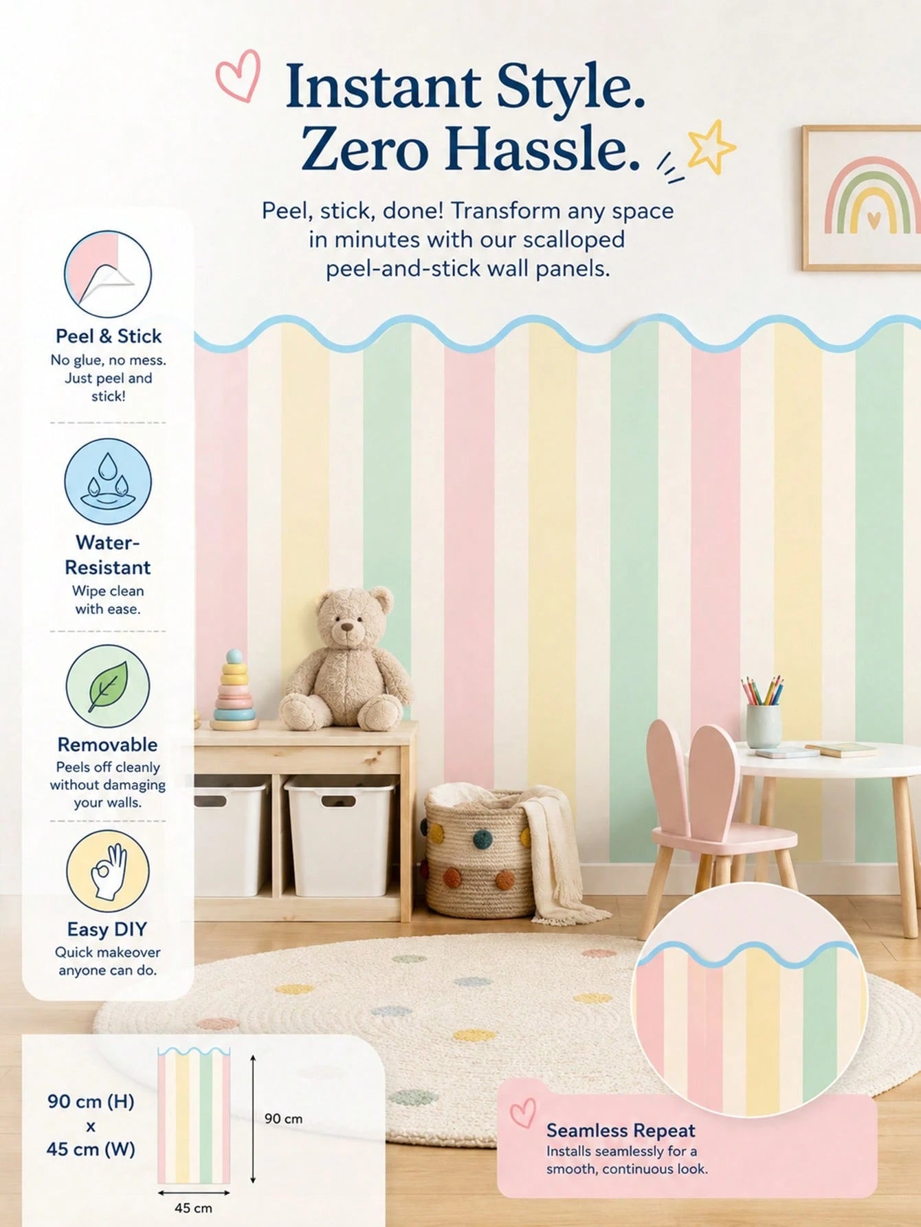 SUPSTICKER 1pc Macaron Wavy Edge Striped Half Wall Sticker, Removable PVC Self-Adhesive Wallpaper, Suitable For Kids Room Bedroom, 17.71x35.43/47.24 Inches