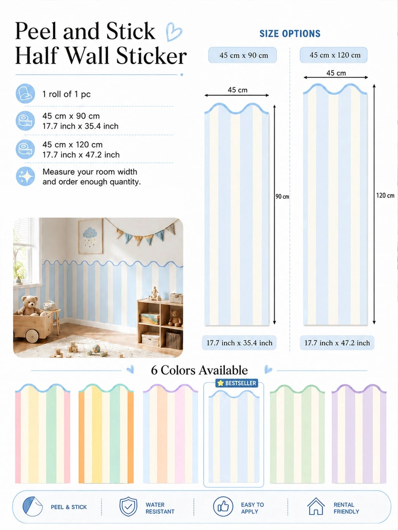 SUPSTICKER 1pc Macaron Wavy Edge Striped Half Wall Sticker, Removable PVC Self-Adhesive Wallpaper, Suitable For Kids Room Bedroom, 17.71x35.43/47.24 Inches