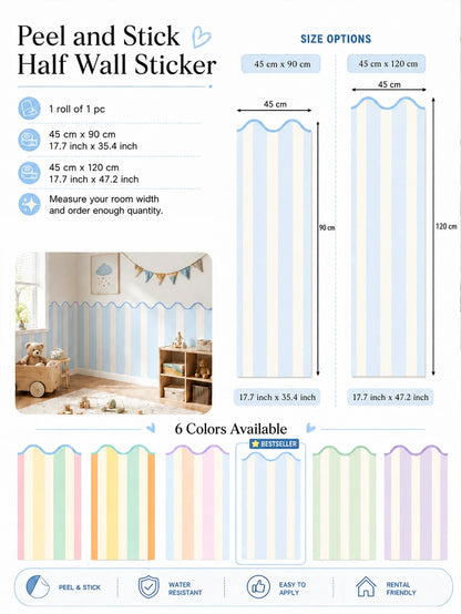 SUPSTICKER 1pc Macaron Wavy Edge Striped Half Wall Sticker, Removable PVC Self-Adhesive Wallpaper, Suitable For Kids Room Bedroom, 17.71x35.43/47.24 Inches
