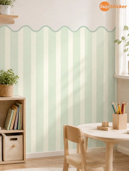 SUPSTICKER 1pc Macaron Wavy Edge Striped Half Wall Sticker, Removable PVC Self-Adhesive Wallpaper, Suitable For Kids Room Bedroom, 17.71x35.43/47.24 Inches