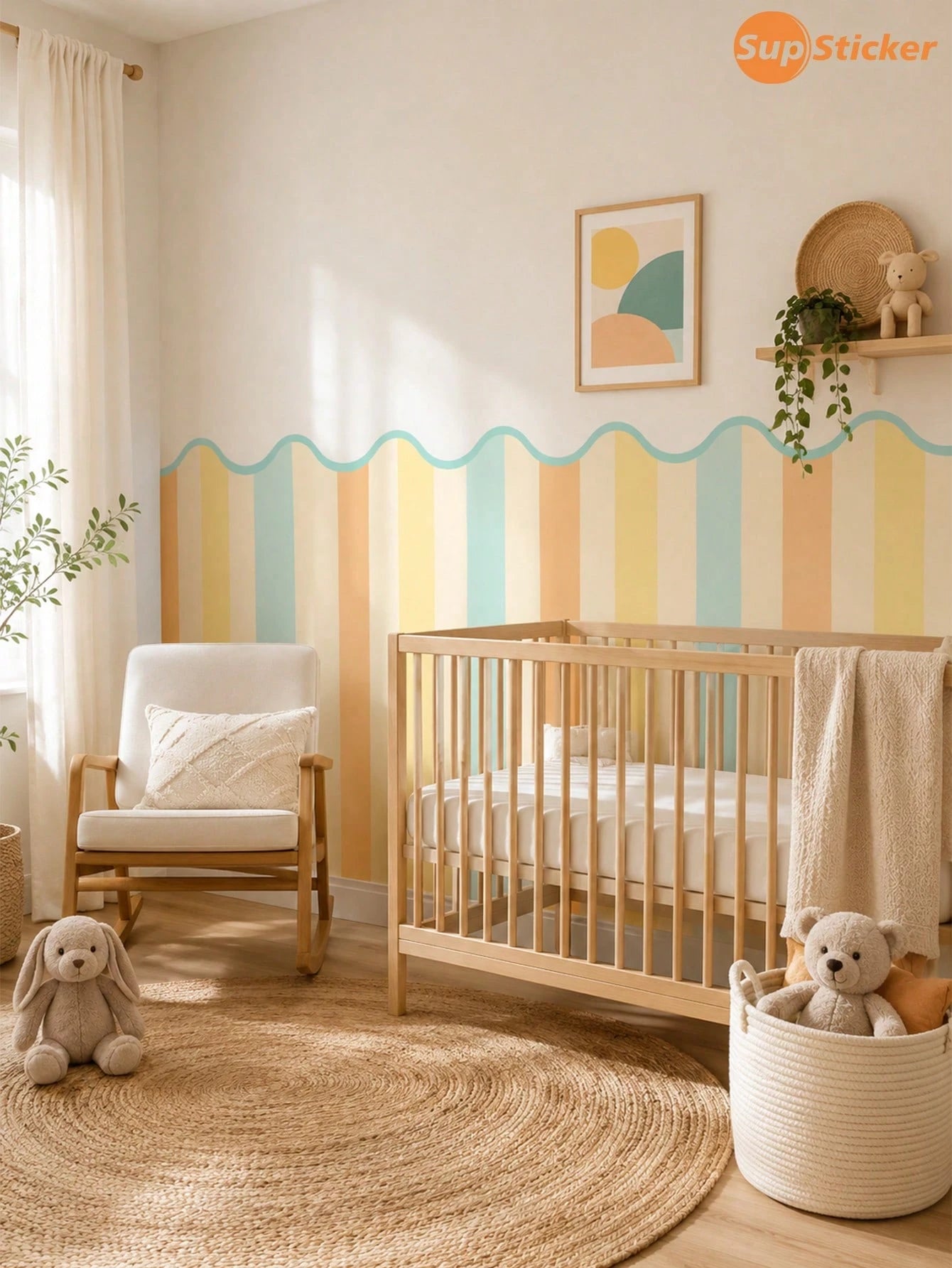 SUPSTICKER 1pc Macaron Wavy Edge Striped Half Wall Sticker, Removable PVC Self-Adhesive Wallpaper, Suitable For Kids Room Bedroom, 17.71x35.43/47.24 Inches