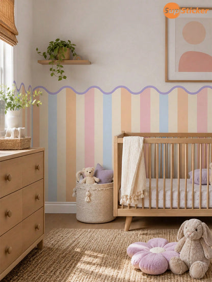 SUPSTICKER 1pc Macaron Wavy Edge Striped Half Wall Sticker, Removable PVC Self-Adhesive Wallpaper, Suitable For Kids Room Bedroom, 17.71x35.43/47.24 Inches