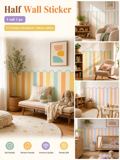 SUPSTICKER 1pc Macaron Wavy Edge Striped Half Wall Sticker, Removable PVC Self-Adhesive Wallpaper, Suitable For Kids Room Bedroom, 17.71x35.43/47.24 Inches