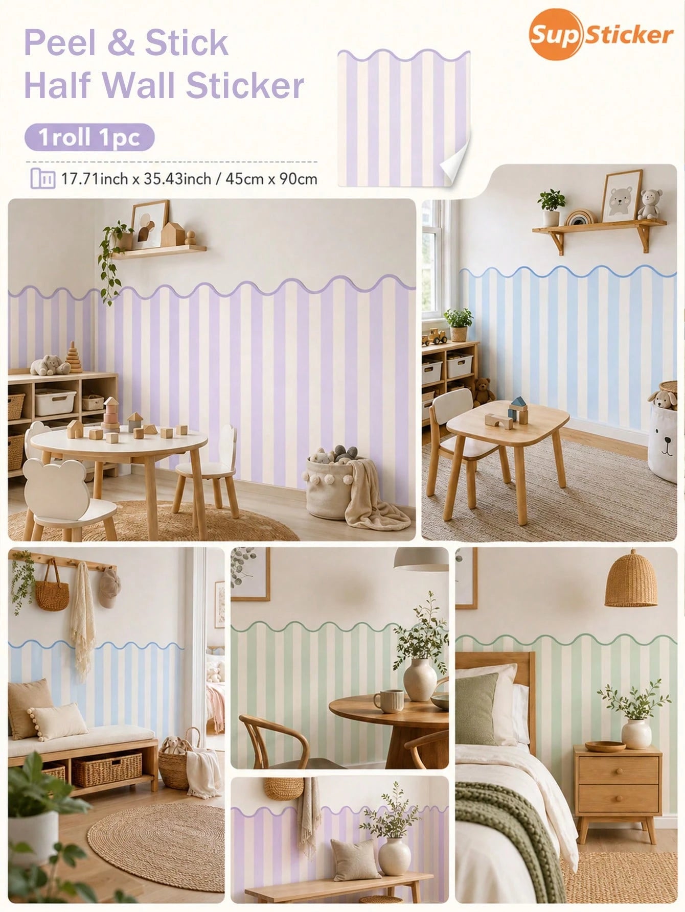 SUPSTICKER 1pc Macaron Wavy Edge Striped Half Wall Sticker, Removable PVC Self-Adhesive Wallpaper, Suitable For Kids Room Bedroom, 17.71x35.43/47.24 Inches