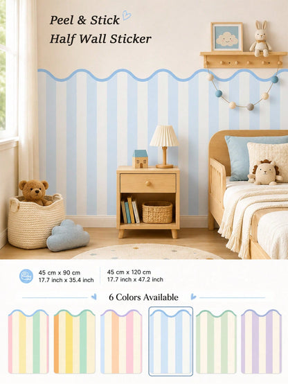 SUPSTICKER 1pc Macaron Wavy Edge Striped Half Wall Sticker, Removable PVC Self-Adhesive Wallpaper, Suitable For Kids Room Bedroom, 17.71x35.43/47.24 Inches