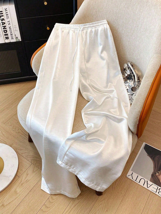 Suri Mira Elegant Casual Straight-Leg Glossy Woven Waist-Tie Women's White Pants, Spring/Summer Fall Cloth For Women