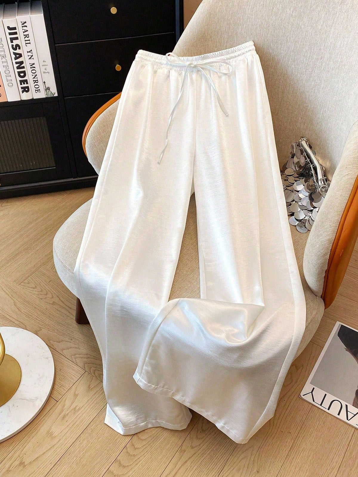 Suri Mira Elegant Casual Straight-Leg Glossy Woven Waist-Tie Women's White Pants, Spring/Summer Fall Cloth For Women