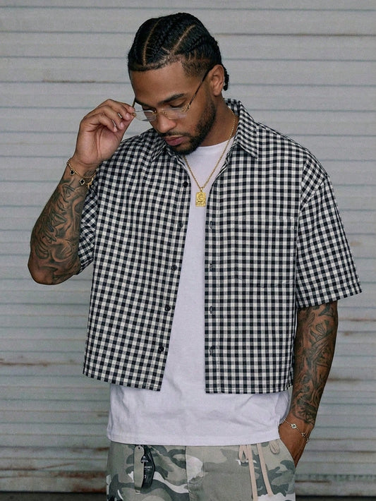 SWAVVY 1pc Men Y2K Funny Casual Fit High Street Vintage Style Plaid Cropped Shirts Back To School Halloween