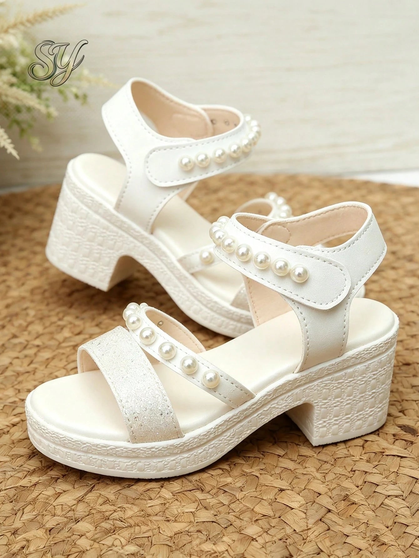 Sweet Style Off White Kids Glitter Pearl Ankle Strap Open Toe Platform Sandals Fashion Footwear Urban Outdoor Walking Shoes For Party Daily Wear