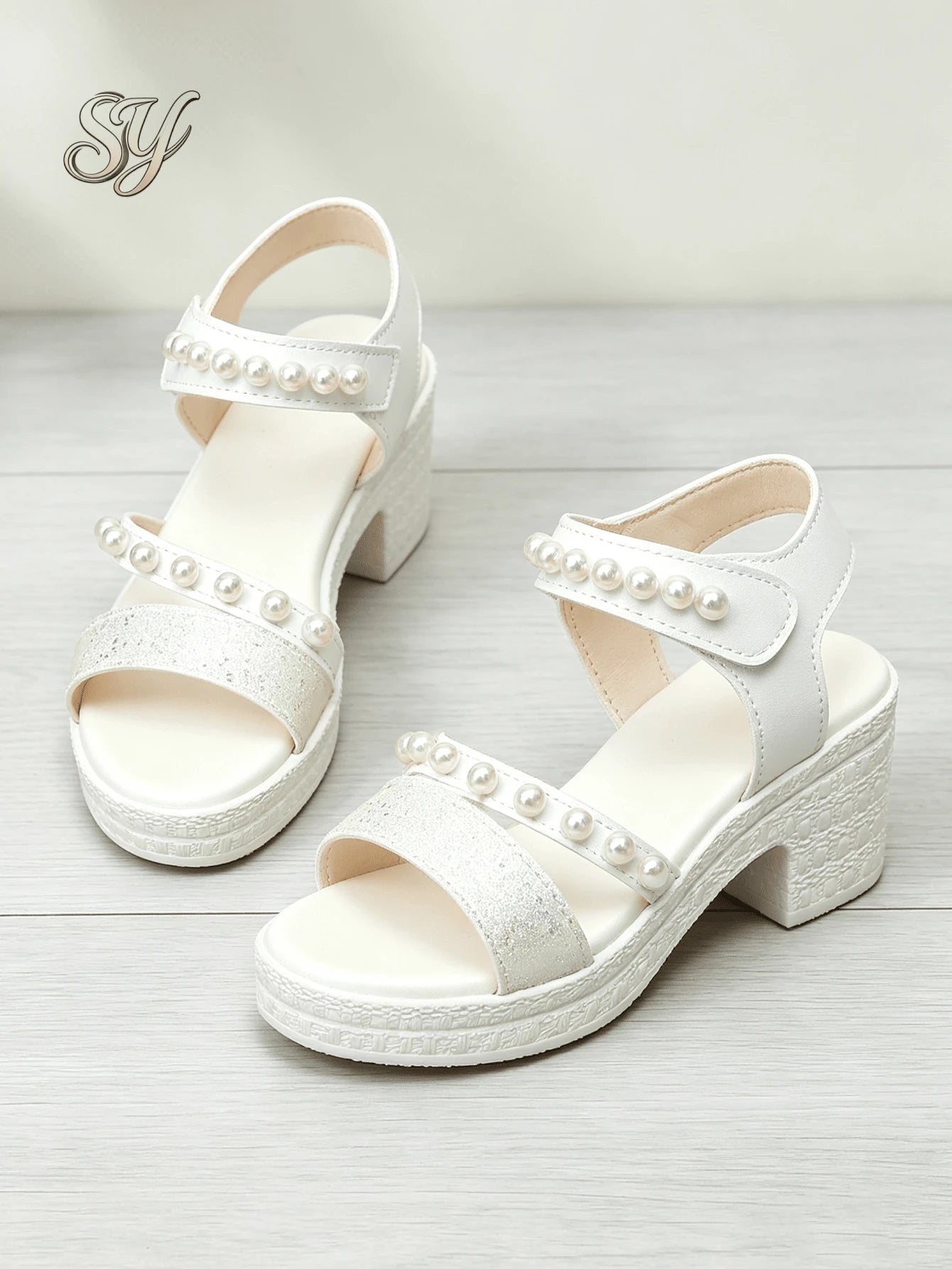 Sweet Style Off White Kids Glitter Pearl Ankle Strap Open Toe Platform Sandals Fashion Footwear Urban Outdoor Walking Shoes For Party Daily Wear
