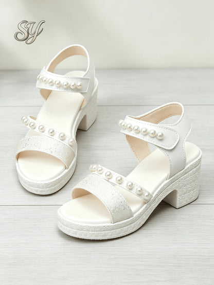Sweet Style Off White Kids Glitter Pearl Ankle Strap Open Toe Platform Sandals Fashion Footwear Urban Outdoor Walking Shoes For Party Daily Wear