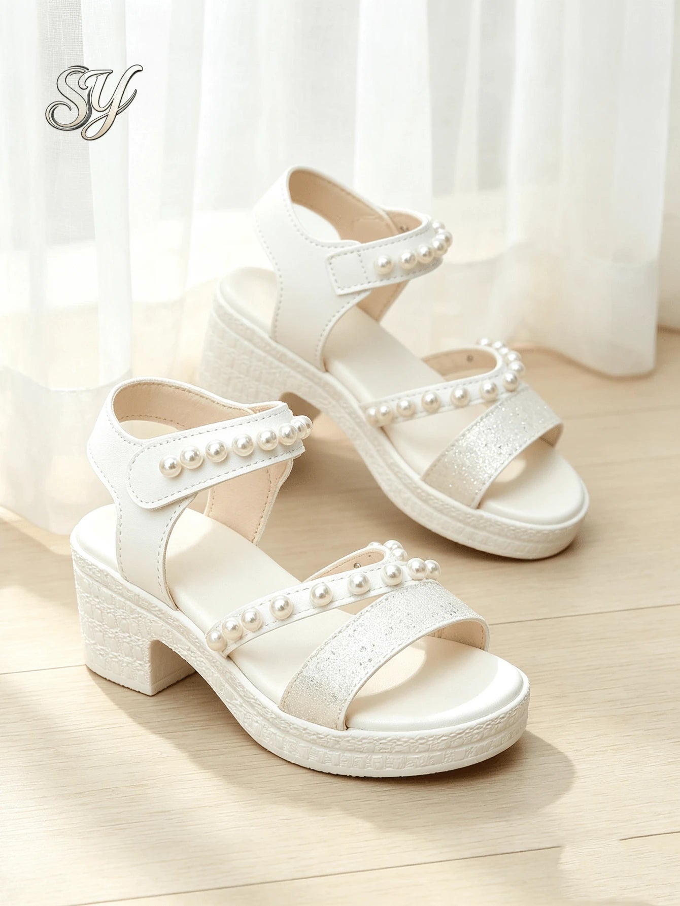 Sweet Style Off White Kids Glitter Pearl Ankle Strap Open Toe Platform Sandals Fashion Footwear Urban Outdoor Walking Shoes For Party Daily Wear