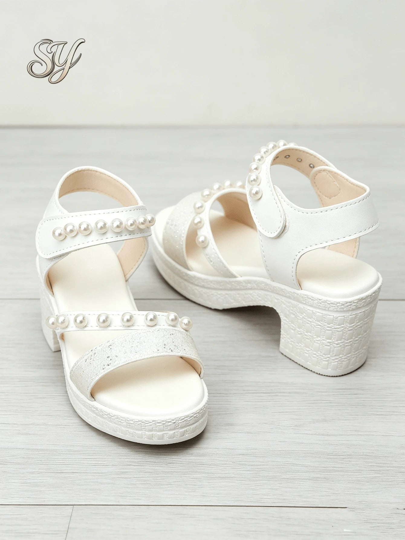 Sweet Style Off White Kids Glitter Pearl Ankle Strap Open Toe Platform Sandals Fashion Footwear Urban Outdoor Walking Shoes For Party Daily Wear
