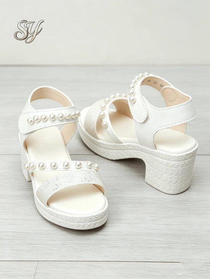 Sweet Style Off White Kids Glitter Pearl Ankle Strap Open Toe Platform Sandals Fashion Footwear Urban Outdoor Walking Shoes For Party Daily Wear