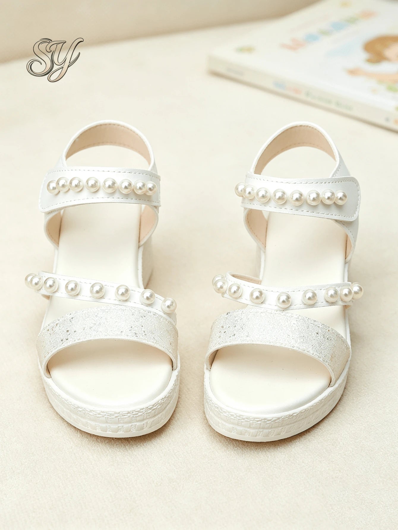 Sweet Style Off White Kids Glitter Pearl Ankle Strap Open Toe Platform Sandals Fashion Footwear Urban Outdoor Walking Shoes For Party Daily Wear