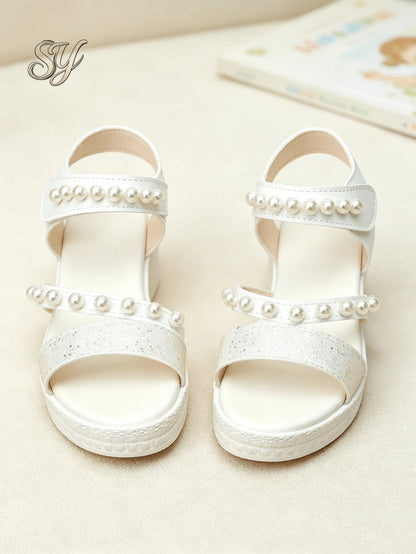 Sweet Style Off White Kids Glitter Pearl Ankle Strap Open Toe Platform Sandals Fashion Footwear Urban Outdoor Walking Shoes For Party Daily Wear