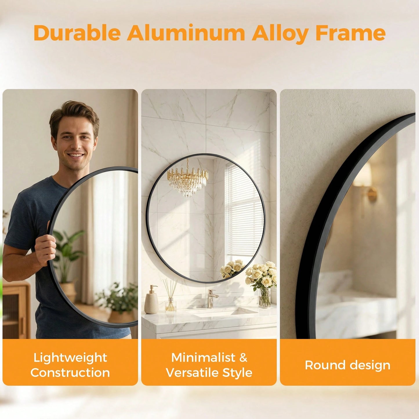 Sweetcrispy Wall Round Mirror With Crystal Clear Reflection, Convenient Hanging Hooks, And Premium Aluminum Alloy Construction