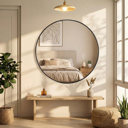 Sweetcrispy Wall Round Mirror With Crystal Clear Reflection, Convenient Hanging Hooks, And Premium Aluminum Alloy Construction