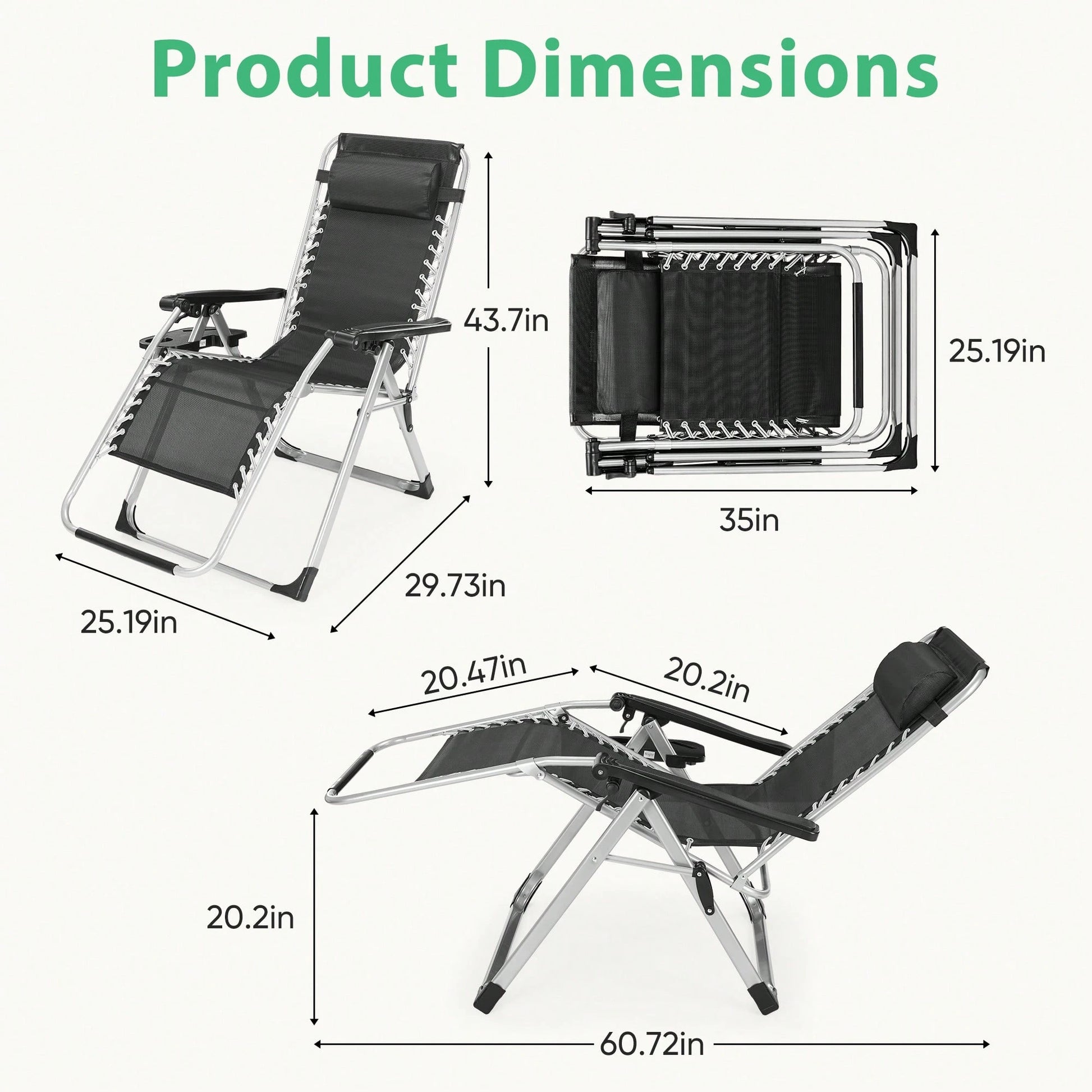 Sweetcrispy Zero Gravity Chair, Reclining Camping Lounge Chair, Reclining Patio Chairs With Cup Holder Trays And Removable Cushion, Folding Recliner For Indoor And Outdoor