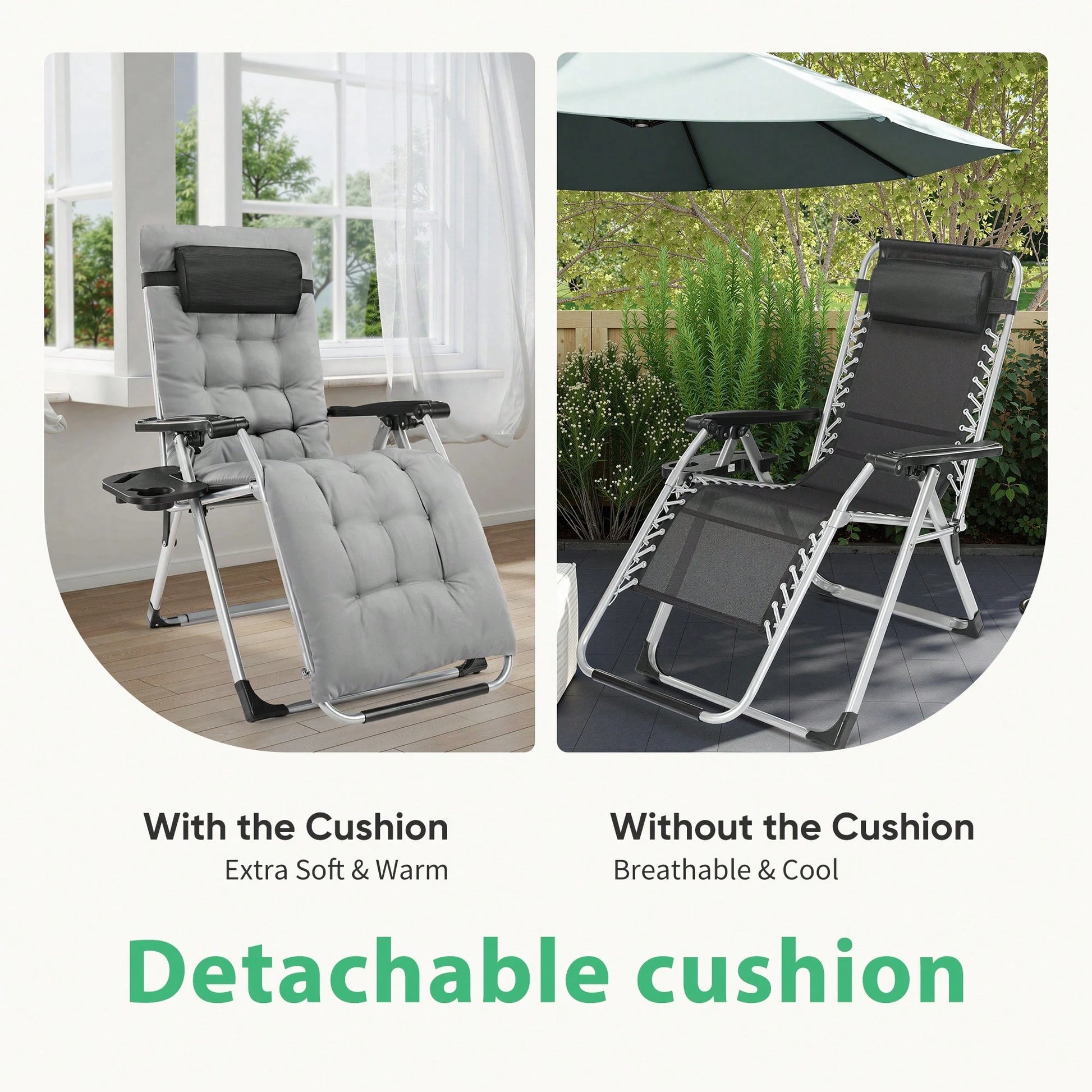 Sweetcrispy Zero Gravity Chair, Reclining Camping Lounge Chair, Reclining Patio Chairs With Cup Holder Trays And Removable Cushion, Folding Recliner For Indoor And Outdoor