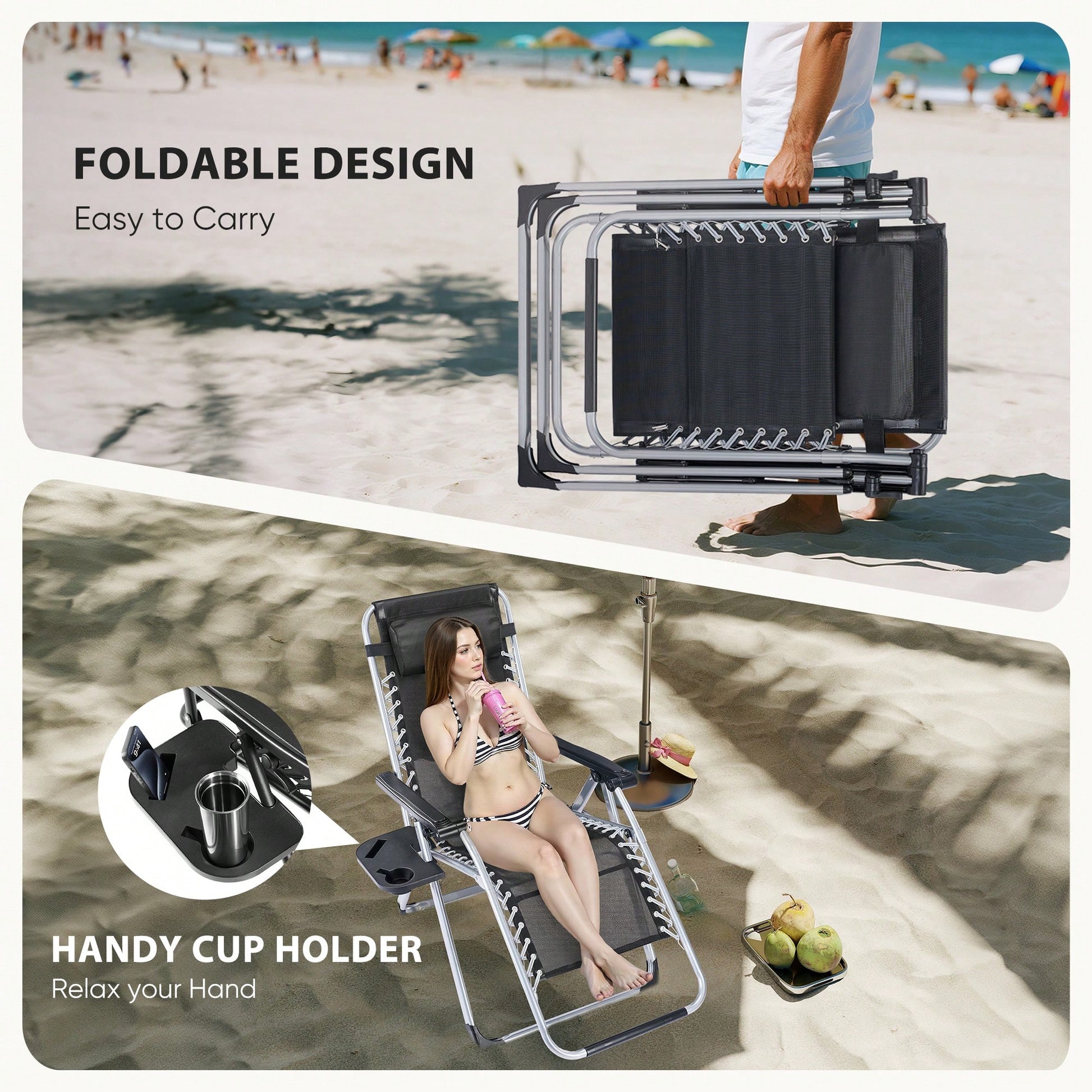 Sweetcrispy Zero Gravity Chair, Reclining Camping Lounge Chair, Reclining Patio Chairs With Cup Holder Trays And Removable Cushion, Folding Recliner For Indoor And Outdoor